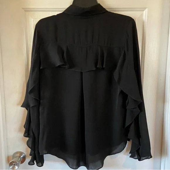 Nicole Miller Collection Silk Blouse Black Sheer Ruffles Small Whimsigoth Witchy - Picture 2 of 7